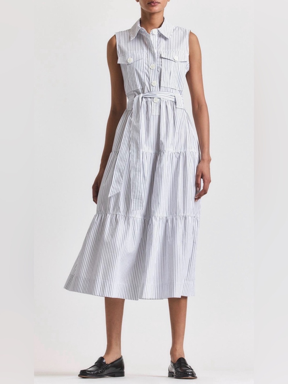10 Crosby Derek Lam White and Blue Striped Sleeveless Midi Shirt Dress